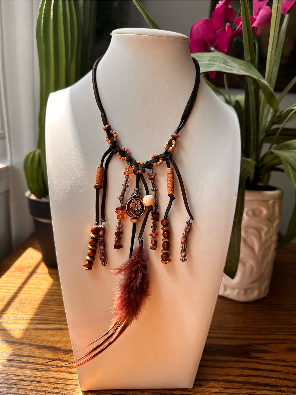Boho Cloisonné Bead Feather Necklace | Wood & Amber-Tone Dangles